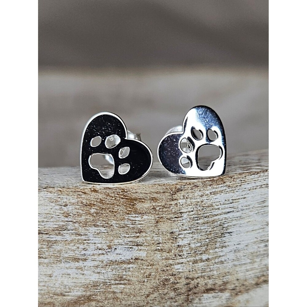 Sterling Silver Heart Paw Print Stud Earrings – 925 Pet Lover Jewelry NWT Cute